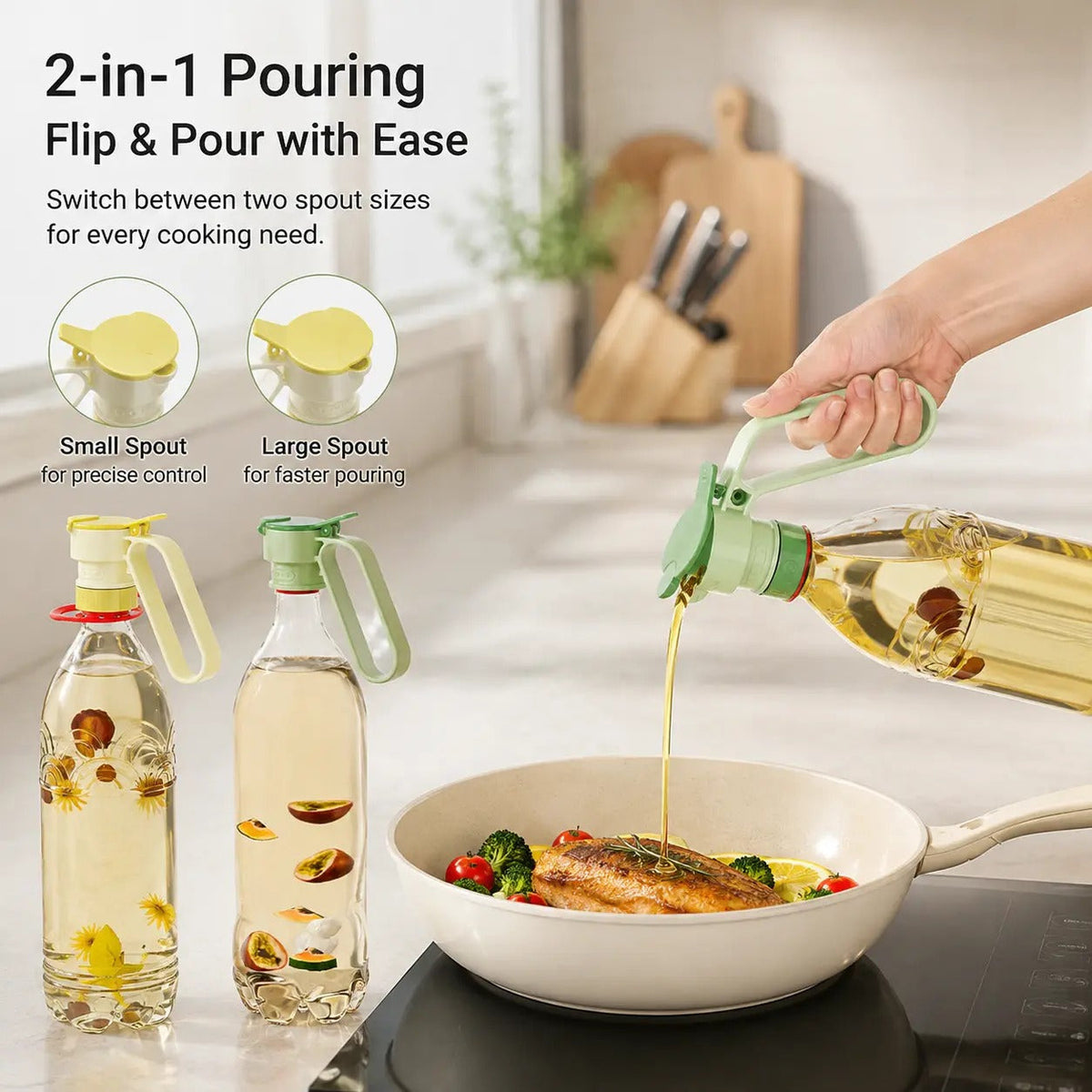 Tapón dispensador de boquilla para botella de plástico - 2 unidades, utensilio de cocina portátil con asa, boca ancha desmontable y diferentes calibres, para aceiteras caseras y preparación de agua fría en el refrigerador