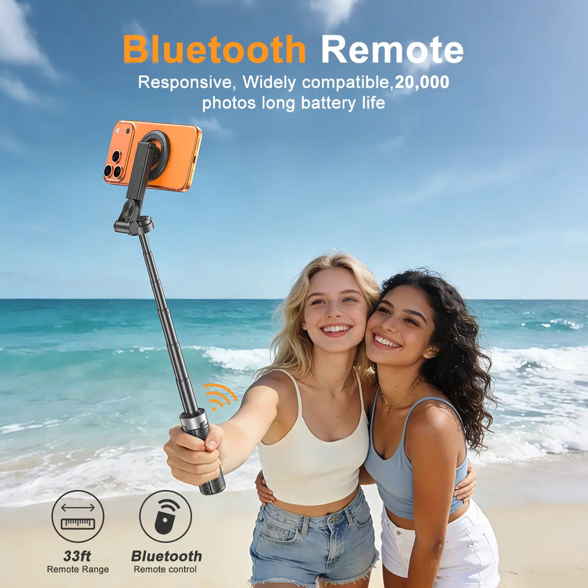 Palo selfie magnético 4 en 1 mejorado para 2026 con control remoto para teléfono móvil y rotación de 360°. Se transforma en mini trípode, empuñadura de cámara, estabilizador de mano o soporte para teléfono. Se extiende hasta 25 pulgadas.