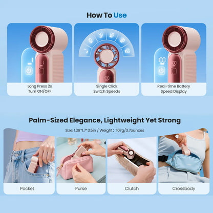 Miniventilador de mano con pantalla LED: ventilador de bolsillo turbo de 6 velocidades para mujer. Recargable por USB, enfriamiento de alta velocidad para viajes y maquillaje. Regalo perfecto. Refrigeración portátil.