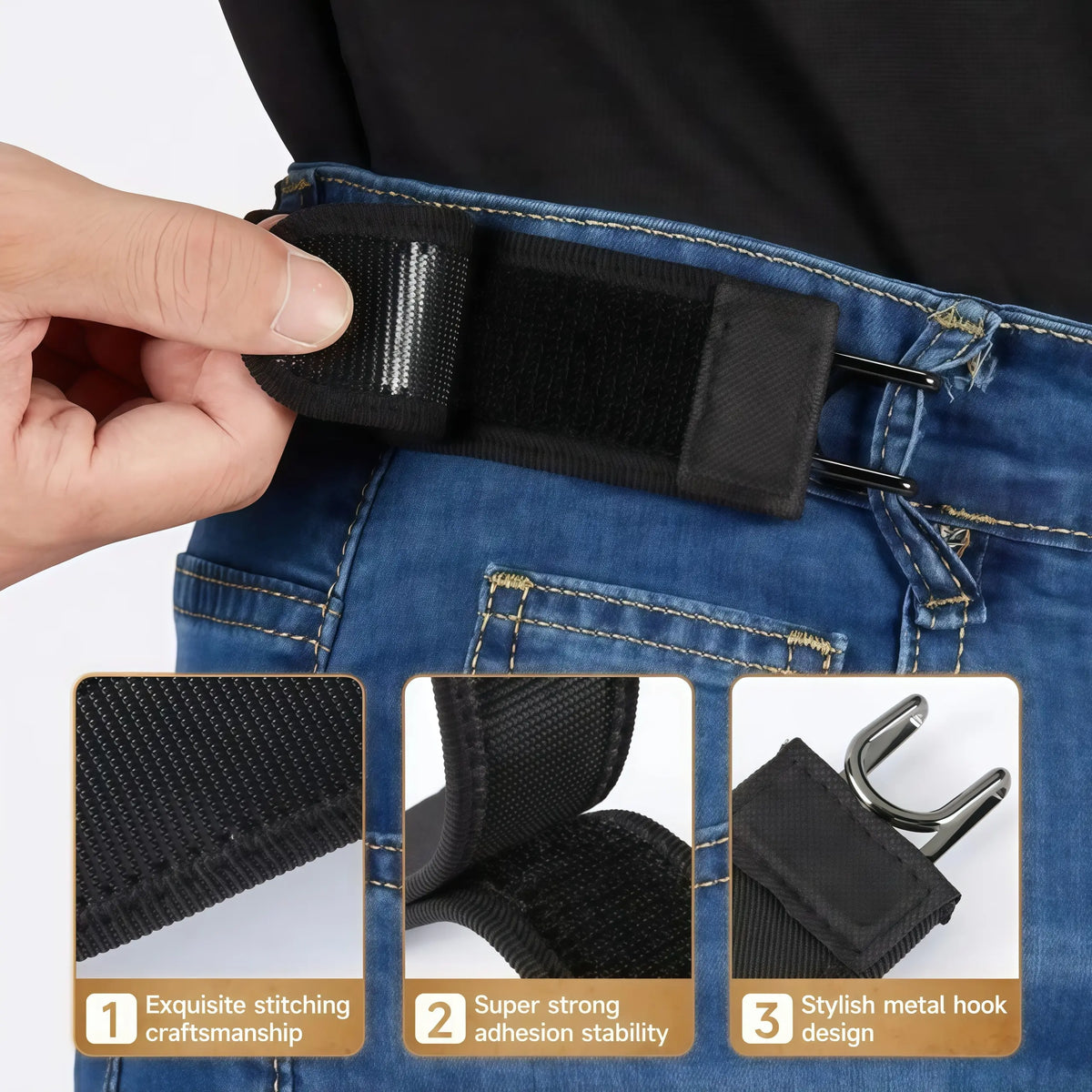 Cinturón elástico táctico con gancho metálico (unisex), diseño invisible sin hebilla | Ajuste lateral suave