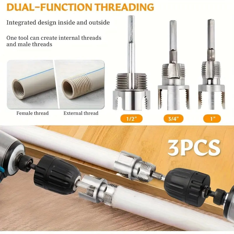 3-Piece Heavy-Duty Alloy Pipe Threading Tool Set - 1/2", 3/4", 1" Internal/External Threads, Electric Drill Compatible PVC/Plastic Pipe Threading Tool, Suitable for DIY and Professional Plumbing Installations (Compatible with PPR, MPP Pipes)