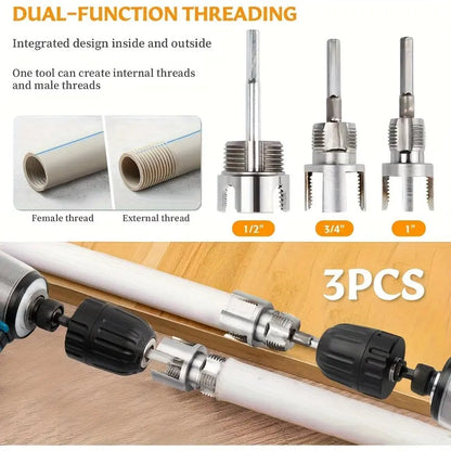 3-Piece Heavy-Duty Alloy Pipe Threading Tool Set - 1/2", 3/4", 1" Internal/External Threads, Electric Drill Compatible PVC/Plastic Pipe Threading Tool, Suitable for DIY and Professional Plumbing Installations (Compatible with PPR, MPP Pipes)