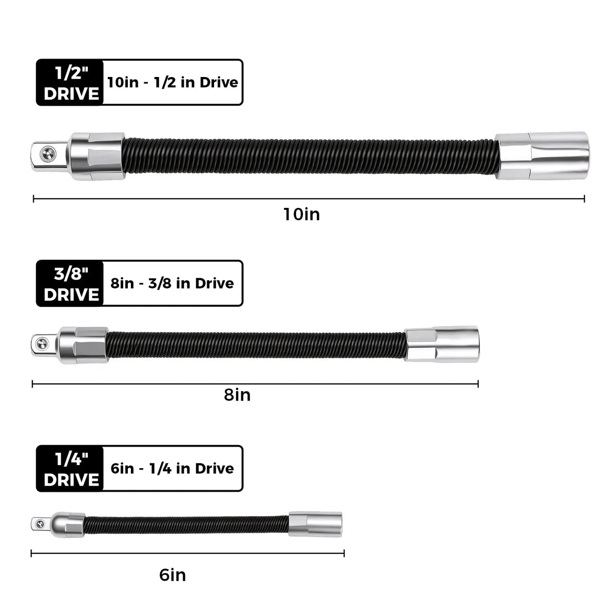 Juego de Barras de Extensión de Vaso Flexible de 3 Piezas de 1/2" 3/8" 1/4" con Eje de 10" 8" 6" - Bolas de Retención con Resorte para Evitar Deslizamientos, fathersdaygift fathersdaygift