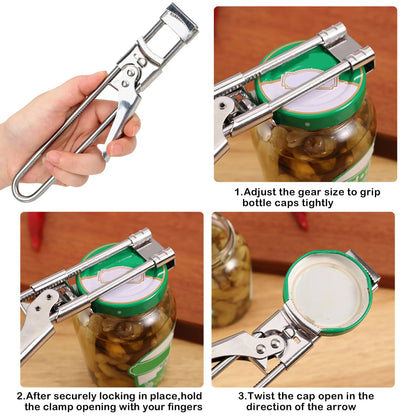 Abrelatas para manos débiles, abrelatas ajustable multifuncional, abridor de frascos y botellas de acero inoxidable para personas mayores con artritis, herramienta manual de agarre para cocina